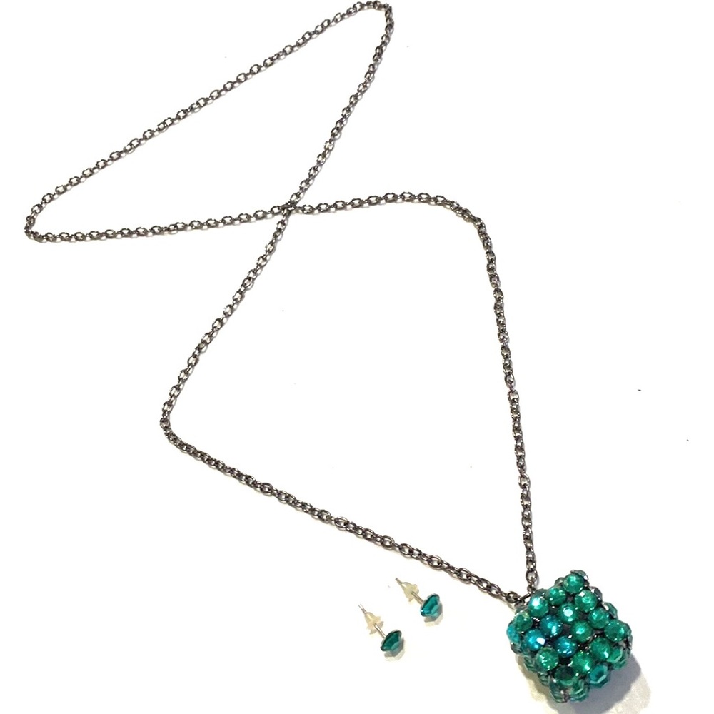 Cube Necklace Teal Antique Silver Tone